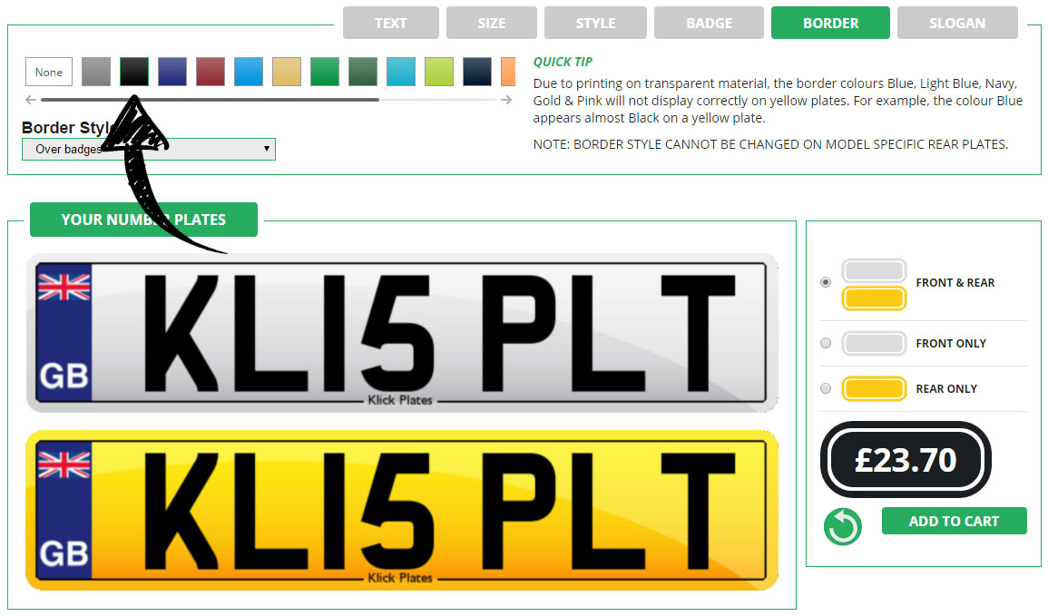 Enter your number plate border and colour